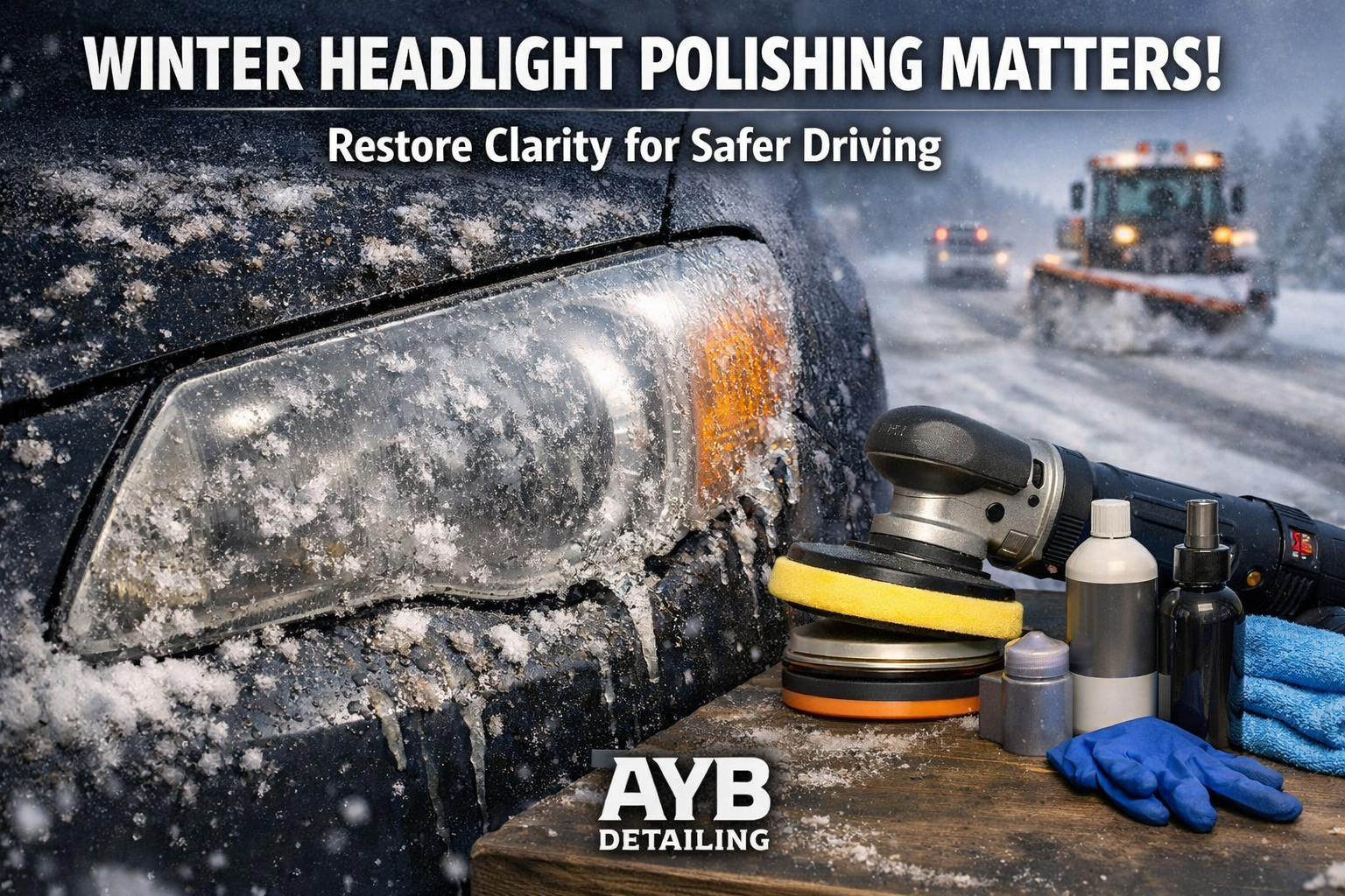 Indoor winter headlight polishing restoring clarity
