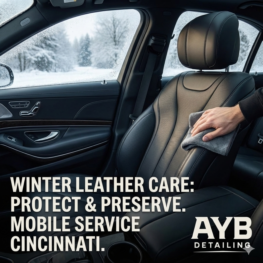 Conditioner being applied during leather interior care in cold weather