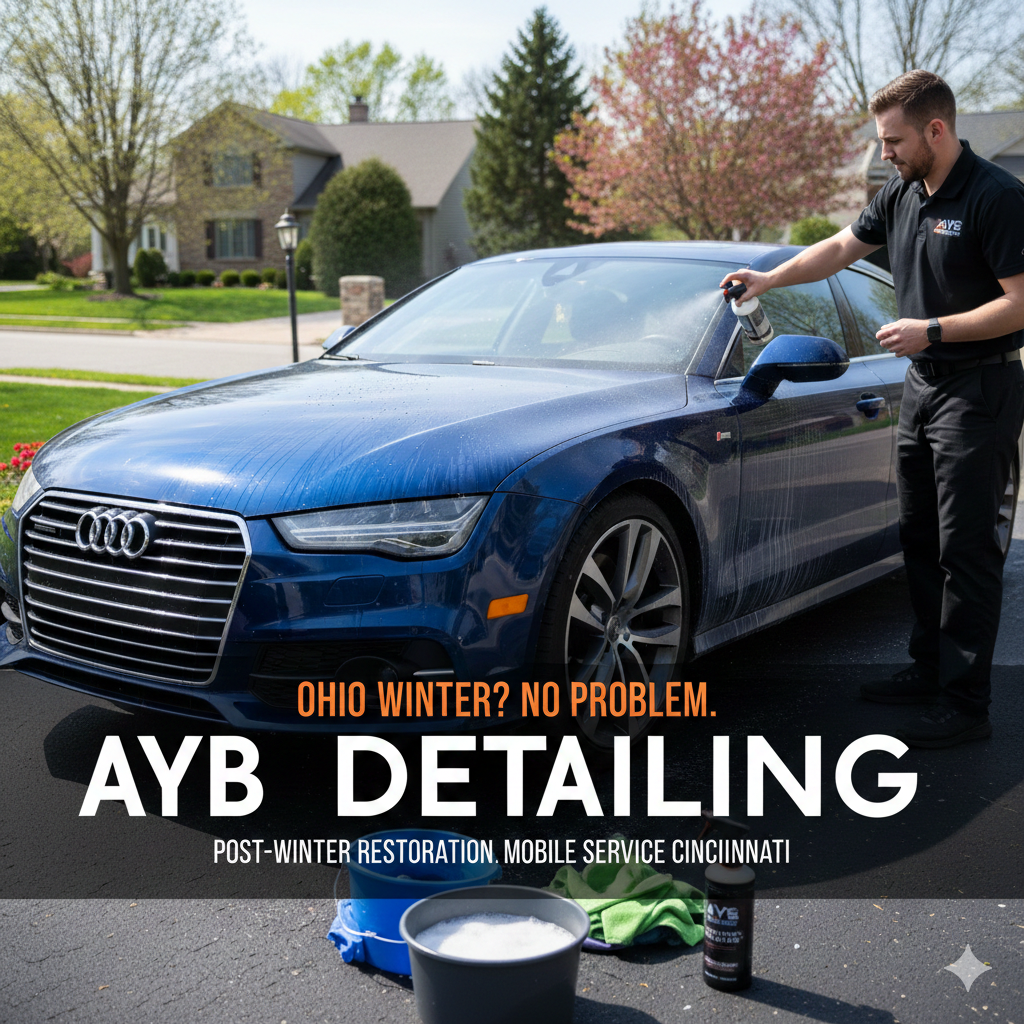 Detailing specialist cleaning salt and road grime from a car in Cincinnati during a post winter detailing service