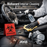 Person in protective gear cleaning a car interior with spray bottle and cloth, featuring biohazard sign and gas mask, detailed by AYB Detailing.