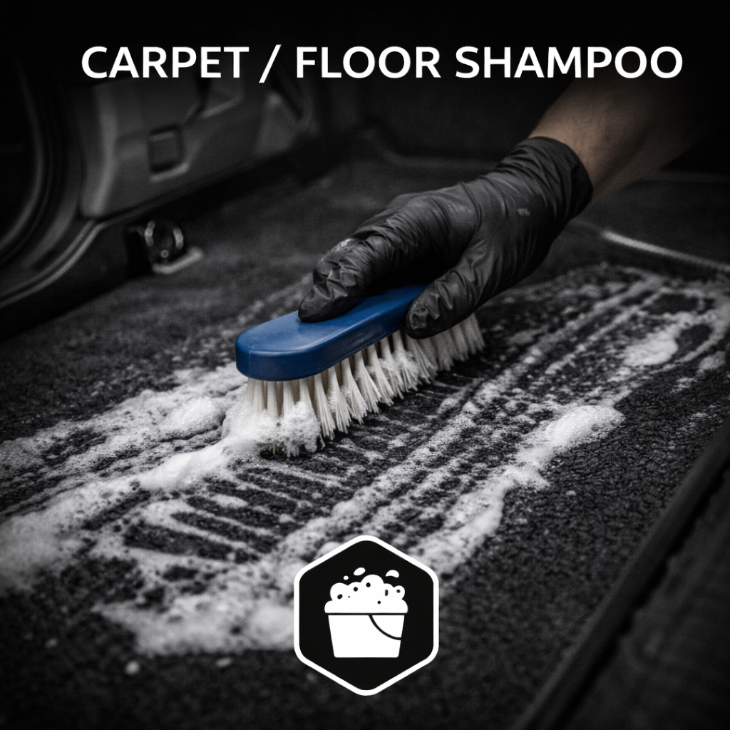 Gloved hand scrubbing a car carpet with a blue brush and soapy foam, professionally detailed by AYB Detailing.