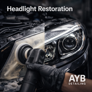 Half-restored car headlight being polished, showing clear and cloudy sections, with a gloved hand using a polishing tool, detailed by AYB Detailing.