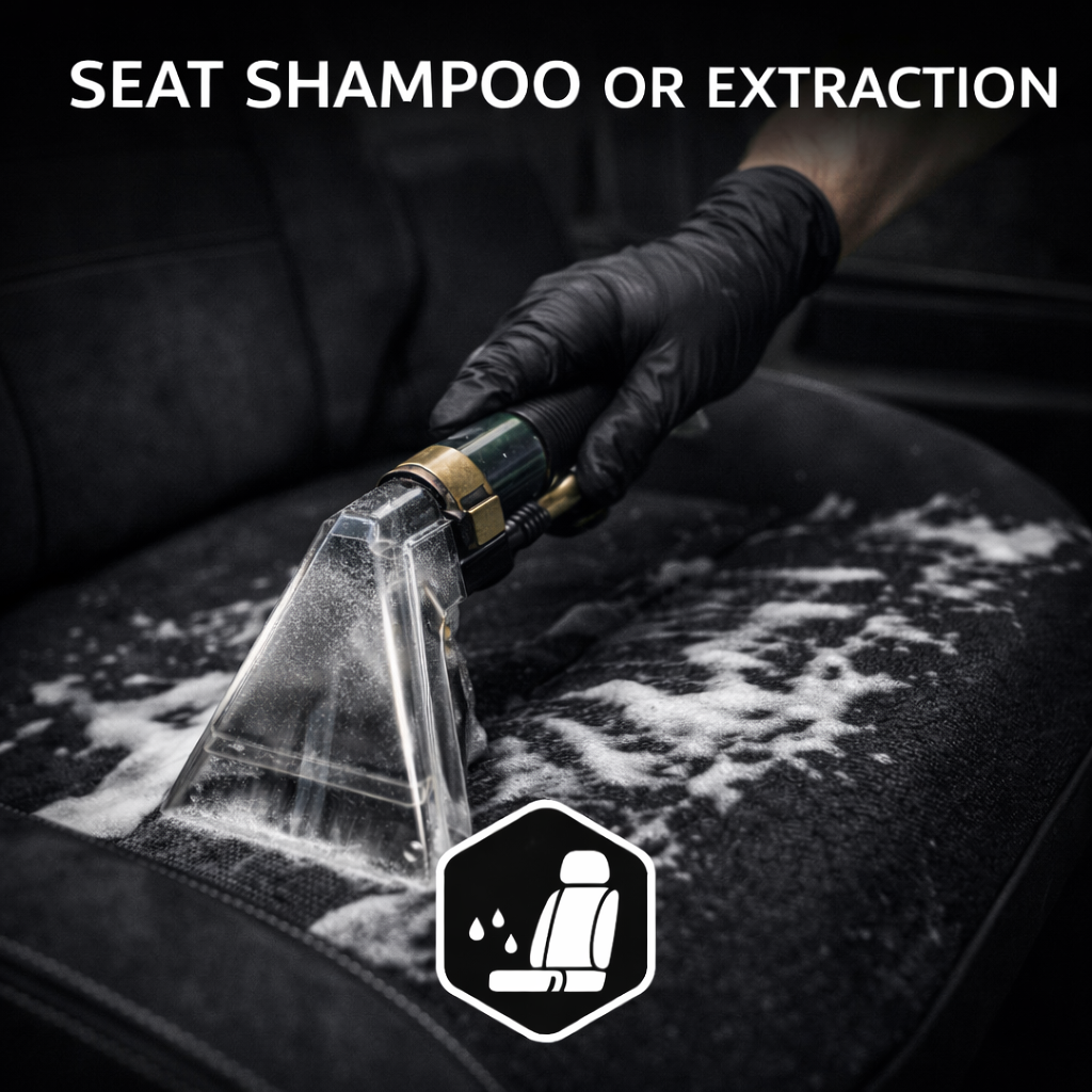Gloved hand using an extraction tool to clean a car seat, removing soapy foam, professionally detailed by AYB Detailing.