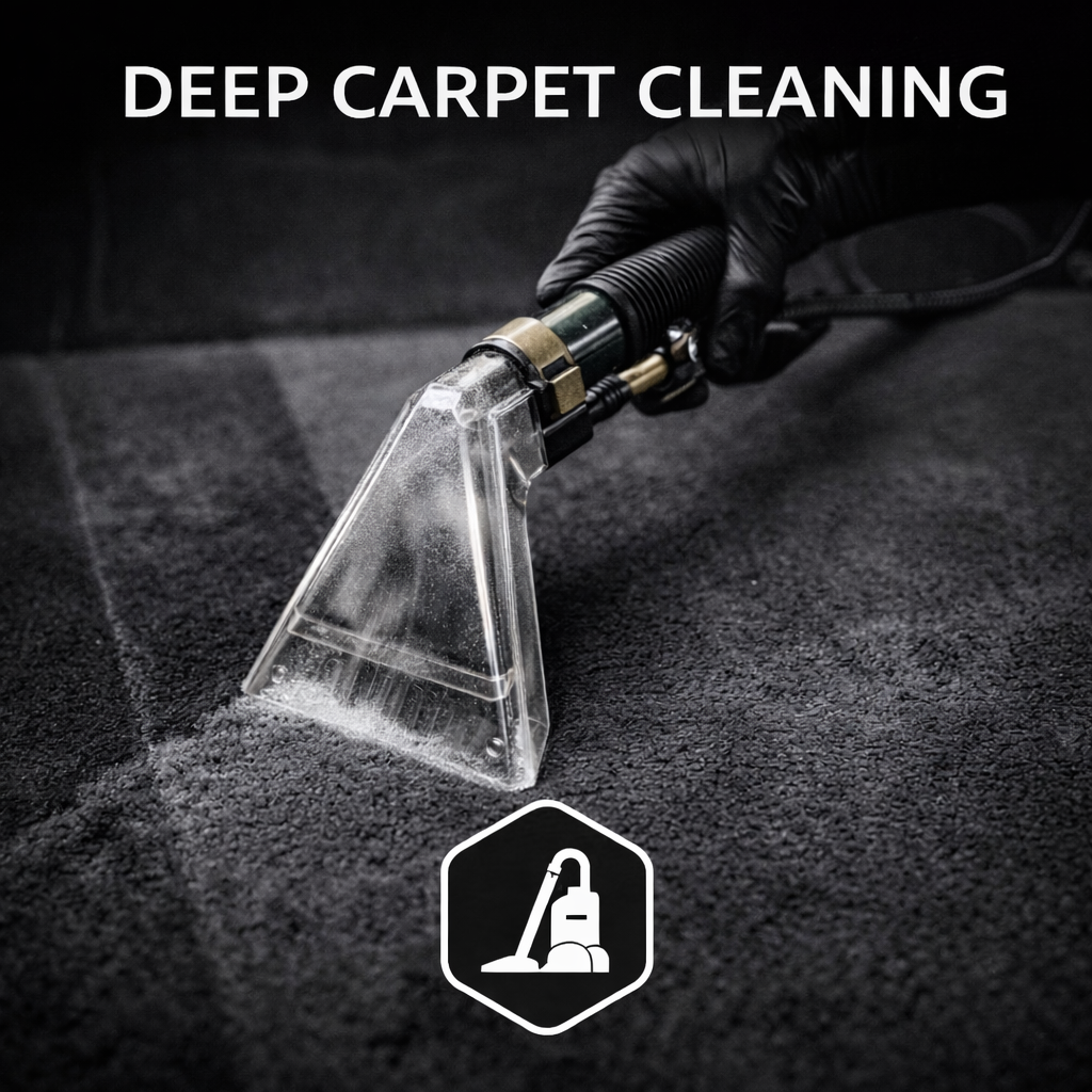 Gloved hand using a transparent nozzle to extract dirt from a dark car carpet, professionally detailed by AYB Detailing.