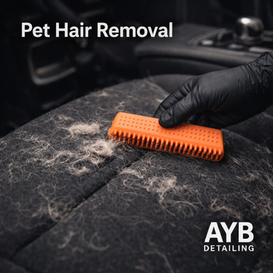 Gloved hand using an orange brush to remove pet hair from a car seat, professionally detailed by AYB Detailing.