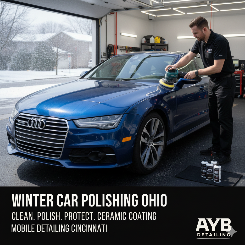 Mobile detailing professional applying ceramic coating to car paint during winter in Ohio