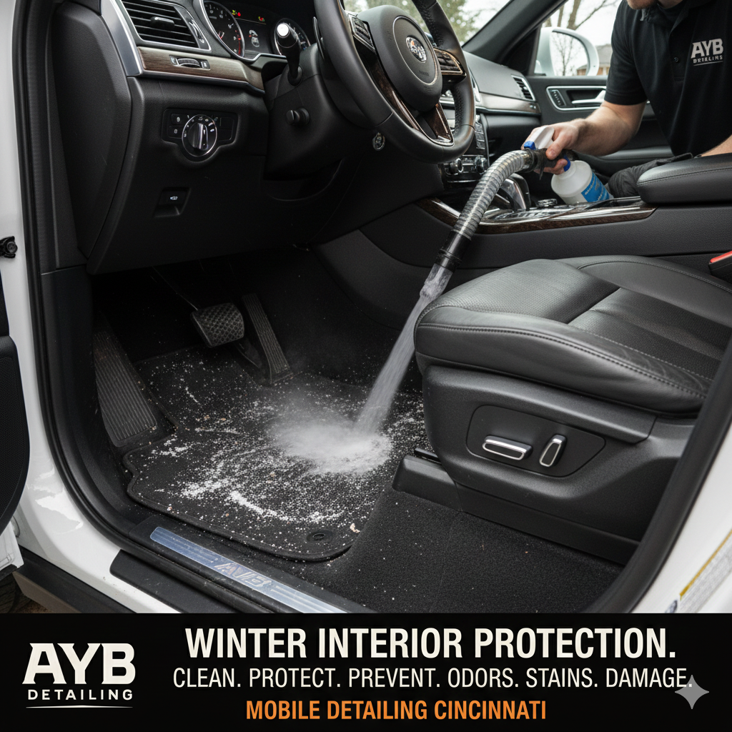 Mobile detailing by AYB Detailing providing winter interior care — carpets, leather, and seats cleaned and protected from moisture and odors