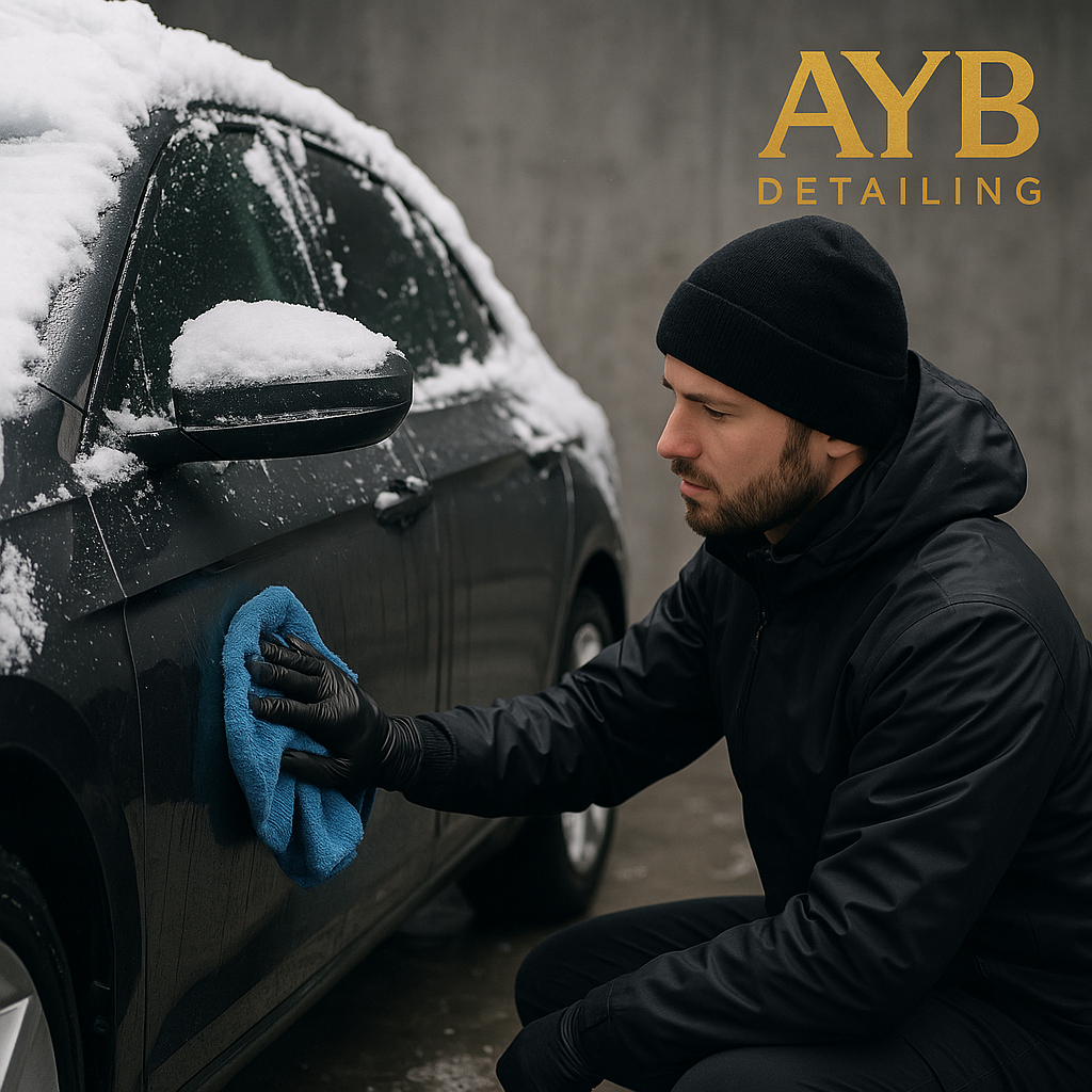 Technician cleaning and protecting a car after snow and salt exposure in Ohio during winter preparation service