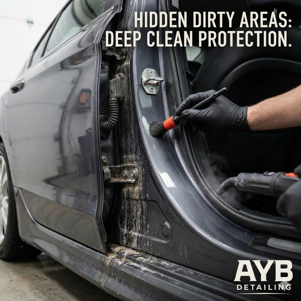 Detailing hidden dirty areas in car door jambs and interior zones
